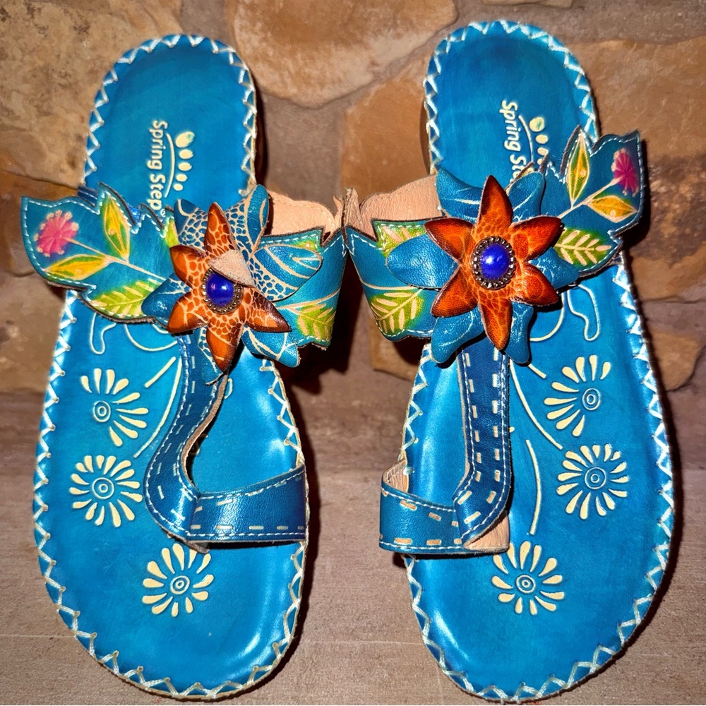 Real Genuine Leather - Spring Step Bajan turquoise floral sandals EU 36